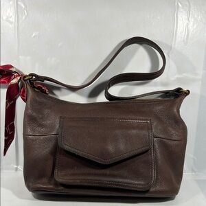 Fossil Dark Brown Leather Shoulder Bag with Red Accent
